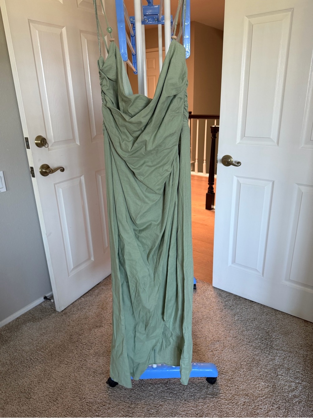 Zara Olive Green Maxi Dress with Cowl Neck and Spaghetti Straps
